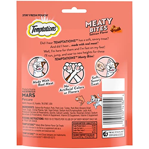 TEMPTATIONS Meaty Bites, Soft and Savory Cat Treats, Salmon Flavor, 4.12 oz. Pouch