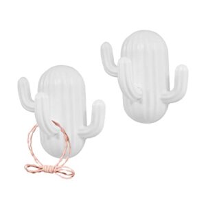 2 pack cute cactus shape adhesive hooks with 3 hooks, decorative wall hooks, key hooks door hooks, sticky hooks for hair rope, loofah, towel, white (white)