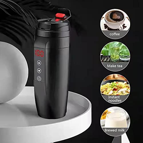 SEADEAR Car Heated Mug, Stainless Steel Insulated Mug Electric Smart Coffee Mug Electric Mug Car LCD Electric Display Water Mug 12V/24V Travel Thermos Water Heater Thermos for Coffee Tea Milk Black