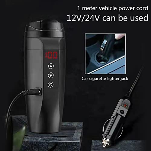 SEADEAR Car Heated Mug, Stainless Steel Insulated Mug Electric Smart Coffee Mug Electric Mug Car LCD Electric Display Water Mug 12V/24V Travel Thermos Water Heater Thermos for Coffee Tea Milk Black