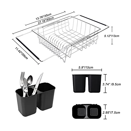 Yvilant in Sink Dish Drying Rack, Expandable Dish Drying Rack Over The Sink, 304 Stainless Steel Dish Rack Dish Drainer in Sink or On Counter with Black Utensil Silverware Holder, 13.78"x11.42"x 5.12"