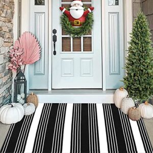 rrui cotton black and white striped rug 43 x 27.5 inches outdoor reversible hand-woven washable area rugs for layered door mats/farmhouse entryway stripe carpet/front porch rug/kitchen mat
