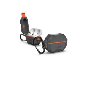 urban armor gear uag designed for airpod case silver orange (3rd generation, 2021) durable protective soft-touch silicone with detachable carabiner, pathfinder