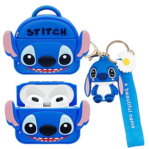 Airpods 3 Case Cover, Fashion Cool Cute Cartoon Character Stitch Backpack Case for AirPods 3rd Generation 2021 Durable Shockproof Wireless Earphone Silicone Case with Keychain for Airpod 3 Case