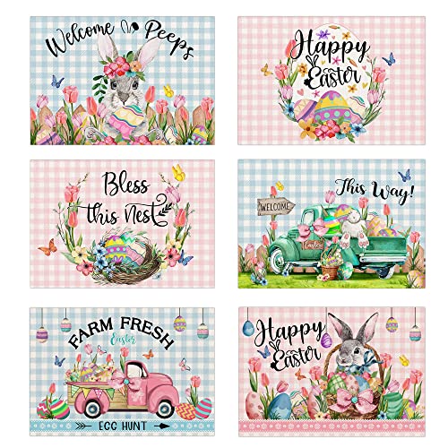 Pinata Easter Placemats Set of 6, Easter Placemats 12x18 Inch for Dining Table, Bunny Rabbit Easter Place Mats, Easter Table Decor, Farmhouse Rustic Table Mats