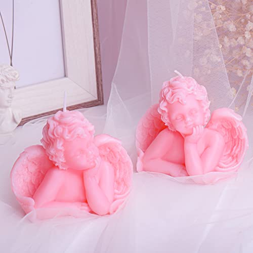 2 Pieces Angel Candle Soy Scented Candle Wax Vegan Candle Cute Decorative Candle Angel Candle Cake Candle Handmade Aesthetic Candle for Home Decor Bedroom Bathroom Wedding (Pink)