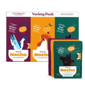 made by nacho wet cat food variety pack, cage-free chicken, sustainably caught salmon, grass-fed beef with bone broth for extra hydration, (12) 3 oz pouches