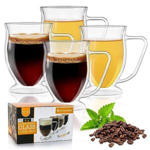 kitchen kite double wall glass coffee mugs - 11oz dishwasher & microwave safe clear mugs set of 4 - insulated design, ideal as cups for tea, latte, cappuccino, nespresso, hot & cold beverages