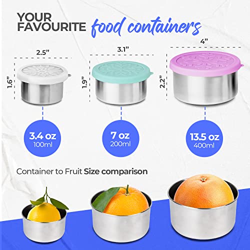 Stainless Steel Snack Containers, Fruit Containers For Lunch , Lunch Containers with Lid , Stainless Steel Containers With Lids , 3.4oz, 7oz, 13.5oz Set of 3 , Condiment Containers With Lids