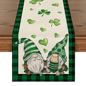 artoid mode buffalo plaid gnomes green heart shamrock st. patrick's day table runner, seasonal spring holiday kitchen dining table decoration for indoor outdoor home party decor 13 x 72 inch