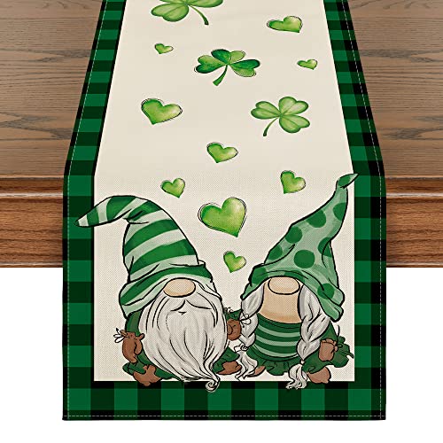 Artoid Mode Buffalo Plaid Gnomes Green Heart Shamrock St. Patrick's Day Table Runner, Seasonal Spring Holiday Kitchen Dining Table Decoration for Indoor Outdoor Home Party Decor 13 x 72 Inch