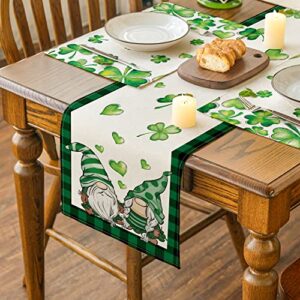 Artoid Mode Buffalo Plaid Gnomes Green Heart Shamrock St. Patrick's Day Table Runner, Seasonal Spring Holiday Kitchen Dining Table Decoration for Indoor Outdoor Home Party Decor 13 x 72 Inch