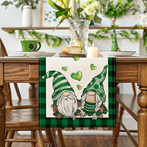 Artoid Mode Buffalo Plaid Gnomes Green Heart Shamrock St. Patrick's Day Table Runner, Seasonal Spring Holiday Kitchen Dining Table Decoration for Indoor Outdoor Home Party Decor 13 x 72 Inch