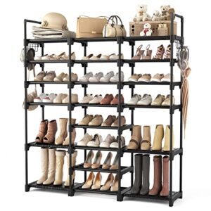 wexcise tall shoe rack organizer 8 tiers 42-45 pairs large shoe rack for closet entryway garage big shoe storage with side hooks black metal free standing shoe racks sturdy shoe shelf tower