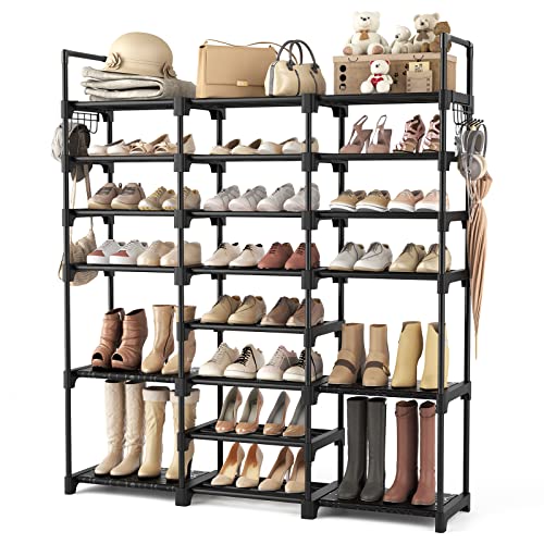 WEXCISE Tall Shoe Rack Organizer 8 Tiers 42-45 Pairs Large Shoe Rack for Closet Entryway Garage Big Shoe Storage with Side Hooks Black Metal Free Standing Shoe Racks Sturdy Shoe Shelf Tower