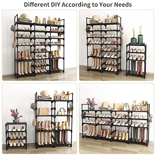 WEXCISE Tall Shoe Rack Organizer 8 Tiers 42-45 Pairs Large Shoe Rack for Closet Entryway Garage Big Shoe Storage with Side Hooks Black Metal Free Standing Shoe Racks Sturdy Shoe Shelf Tower