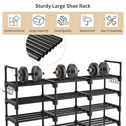 WEXCISE Tall Shoe Rack Organizer 8 Tiers 42-45 Pairs Large Shoe Rack for Closet Entryway Garage Big Shoe Storage with Side Hooks Black Metal Free Standing Shoe Racks Sturdy Shoe Shelf Tower