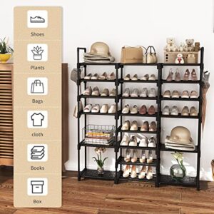 WEXCISE Tall Shoe Rack Organizer 8 Tiers 42-45 Pairs Large Shoe Rack for Closet Entryway Garage Big Shoe Storage with Side Hooks Black Metal Free Standing Shoe Racks Sturdy Shoe Shelf Tower