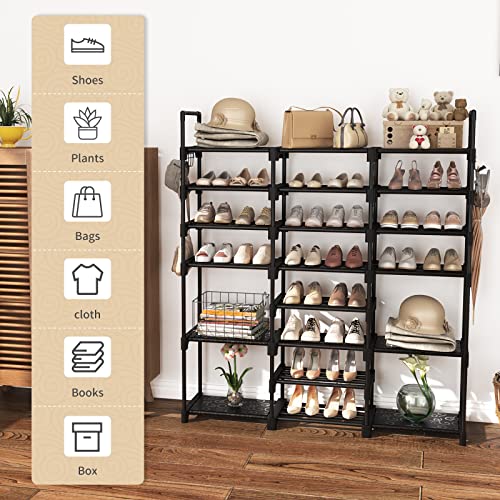 WEXCISE Tall Shoe Rack Organizer 8 Tiers 42-45 Pairs Large Shoe Rack for Closet Entryway Garage Big Shoe Storage with Side Hooks Black Metal Free Standing Shoe Racks Sturdy Shoe Shelf Tower