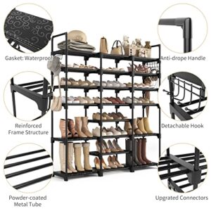 WEXCISE Tall Shoe Rack Organizer 8 Tiers 42-45 Pairs Large Shoe Rack for Closet Entryway Garage Big Shoe Storage with Side Hooks Black Metal Free Standing Shoe Racks Sturdy Shoe Shelf Tower