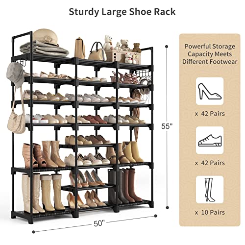 WEXCISE Tall Shoe Rack Organizer 8 Tiers 42-45 Pairs Large Shoe Rack for Closet Entryway Garage Big Shoe Storage with Side Hooks Black Metal Free Standing Shoe Racks Sturdy Shoe Shelf Tower