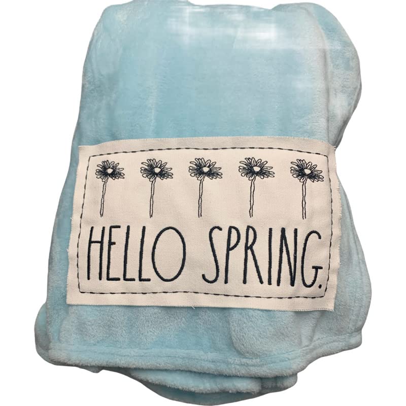 Rae Dunn Velvet Soft Plush Throw on Blue | Inscribed: Hello Spring with Flowers | 50" x 70”