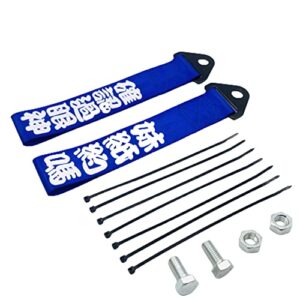 2 pieces car racing jdm tow strap high-strength nylon towing rope universal auto blue trailer hook bumper decorative with chinese slogan (blue)