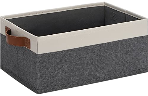 GhvyenntteS Small Storage Basket with Leather Handles, Fabric Storage Bin Baskets for Organizing, Foldable Fabric Storage Baskets for Shelves, Closets, Home, Office (Grey/White, 11.8" x 7.87" x 5.11")