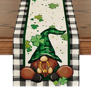 artoid mode buffalo plaid shamrock gnome st. patrick's day table runner, seasonal spring holiday kitchen dining table decoration for indoor outdoor home party decor 13 x 72 inch