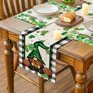 Artoid Mode Buffalo Plaid Shamrock Gnome St. Patrick's Day Table Runner, Seasonal Spring Holiday Kitchen Dining Table Decoration for Indoor Outdoor Home Party Decor 13 x 72 Inch