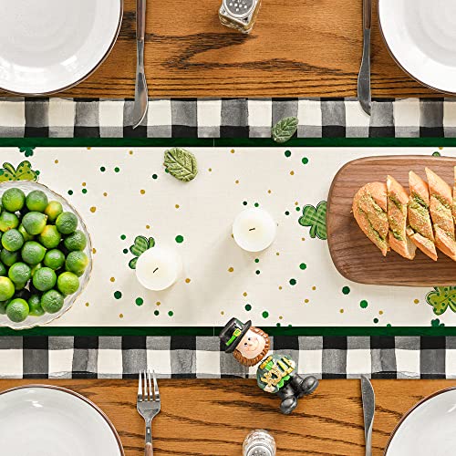 Artoid Mode Buffalo Plaid Shamrock Gnome St. Patrick's Day Table Runner, Seasonal Spring Holiday Kitchen Dining Table Decoration for Indoor Outdoor Home Party Decor 13 x 72 Inch