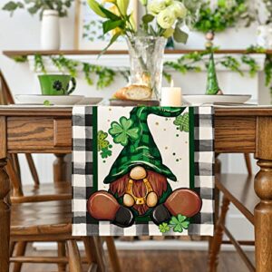 Artoid Mode Buffalo Plaid Shamrock Gnome St. Patrick's Day Table Runner, Seasonal Spring Holiday Kitchen Dining Table Decoration for Indoor Outdoor Home Party Decor 13 x 72 Inch