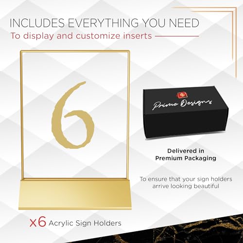 Prime Designs Gold 5x7 Picture Frame, Acrylic Sign Holder 5x7 with Gold Border for Restaurant, Gold Table Number Holders, Gold Frames 5x7, Clear Card Holder, Wedding Table Numbers, Double Sided Picture Frames, Vertical or Horizontal Anniversary Card holde