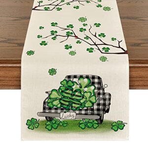 artoid mode lucky shamrock truck st. patrick's day table runner, seasonal spring holiday kitchen dining table decoration for indoor outdoor home party decor 13 x 72 inch