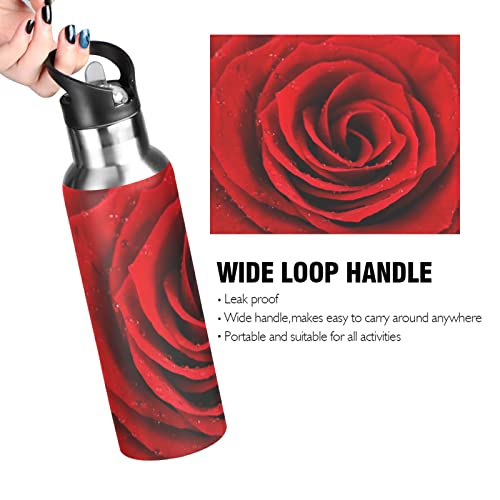 xigua Beautiful Romantic Red Rose Flower Stainless Steel Water Bottle with Straw Lid 22 oz,Thermo Mug,Metal Canteen,Double Wall Vacuum Insulated Leak Proof,Keep Liquids Hot or Cold