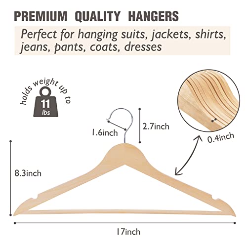 Edergoo Wood Hangers 30 Pack, Non-Slip Wooden Hangers with 360° Swivel Hook & Notches, Slim Coat Hangers for Shirt, Suit, Jacket, Dress, Natural