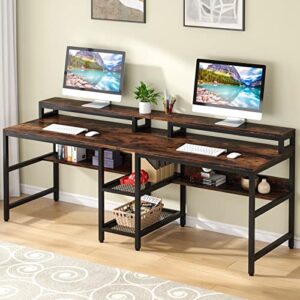 tribesigns two person desk with storage shelf, double computer desk with hutch, 78.7 long office desk double workstation study writing table for home office, rustic brown