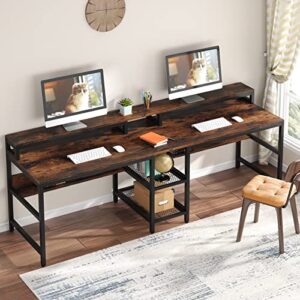 Tribesigns Two Person Desk with Storage Shelf, Double Computer Desk with Hutch, 78.7 Long Office Desk Double Workstation Study Writing Table for Home Office, Rustic Brown