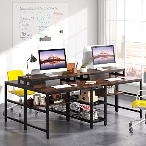 Tribesigns Two Person Desk with Storage Shelf, Double Computer Desk with Hutch, 78.7 Long Office Desk Double Workstation Study Writing Table for Home Office, Rustic Brown