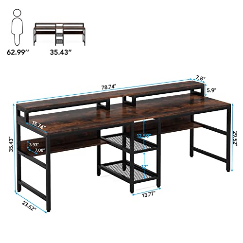 Tribesigns Two Person Desk with Storage Shelf, Double Computer Desk with Hutch, 78.7 Long Office Desk Double Workstation Study Writing Table for Home Office, Rustic Brown