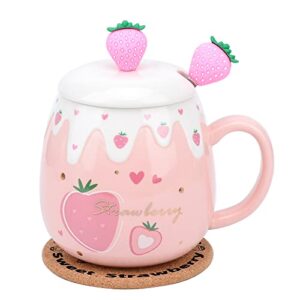 xinhuigy pink mug,cute strawberry cup with cover spoon,ceramic coffee mug, kawaii cup for tea milk,women girls student korean style 450ml christmas birthday gift