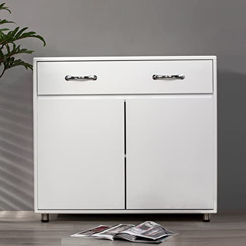 Recaceik Kitchen Buffet Storage Cabinet, Sideboard Cabinet with 2 Doors & 1 Large Drawers Modern Simple Wood Buffets & Sideboards for Dining Room Kitchen Entryway Console Side Tables (White)