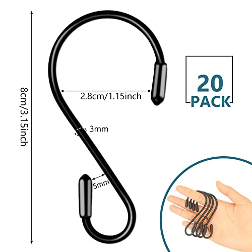 Mzekgxm 20 Pack 3.15 Inch S Hooks Stainless Steel Hanging Hooks Heavy Duty S Hooks for Hanging Kitchenware, Pots, Pans, Plants, Clothes, Towels in Kitchen, Bathroom, Closet, Garden (Black)