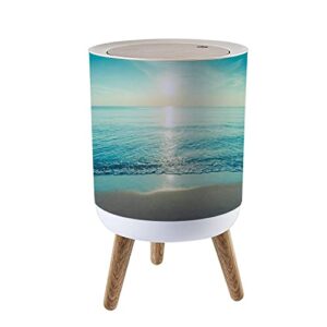 ibpnkfaz89 small trash can with lid beautiful silhouette sunset at tropical sea garbage bin wood waste bin press cover round wastebasket for bathroom bedroom kitchen 7l/1.8 gallon