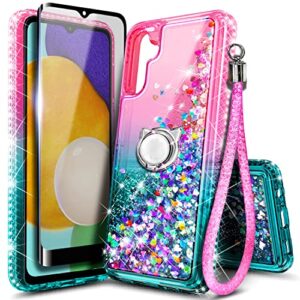nznd case for samsung galaxy a13 5g with tempered glass screen protector (maximum coverage), ring holder/wrist strap, glitter liquid floating waterfall durable girls cute phone case (pink/aqua)