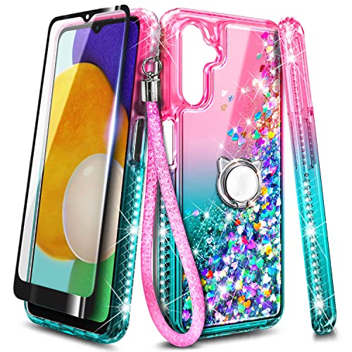 NZND Case for Samsung Galaxy A13 5G with Tempered Glass Screen Protector (Maximum Coverage), Ring Holder/Wrist Strap, Glitter Liquid Floating Waterfall Durable Girls Cute Phone Case (Pink/Aqua)