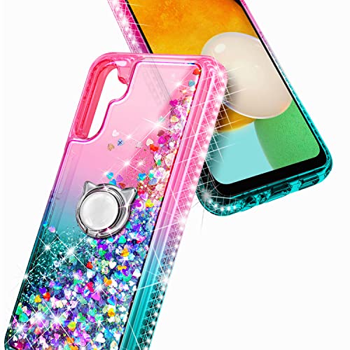 NZND Case for Samsung Galaxy A13 5G with Tempered Glass Screen Protector (Maximum Coverage), Ring Holder/Wrist Strap, Glitter Liquid Floating Waterfall Durable Girls Cute Phone Case (Pink/Aqua)