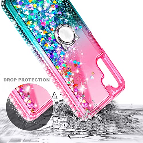 NZND Case for Samsung Galaxy A13 5G with Tempered Glass Screen Protector (Maximum Coverage), Ring Holder/Wrist Strap, Glitter Liquid Floating Waterfall Durable Girls Cute Phone Case (Pink/Aqua)