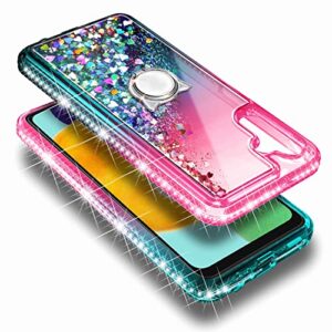 NZND Case for Samsung Galaxy A13 5G with Tempered Glass Screen Protector (Maximum Coverage), Ring Holder/Wrist Strap, Glitter Liquid Floating Waterfall Durable Girls Cute Phone Case (Pink/Aqua)