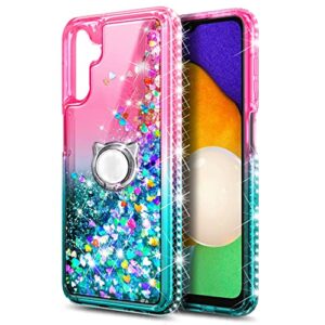 NZND Case for Samsung Galaxy A13 5G with Tempered Glass Screen Protector (Maximum Coverage), Ring Holder/Wrist Strap, Glitter Liquid Floating Waterfall Durable Girls Cute Phone Case (Pink/Aqua)